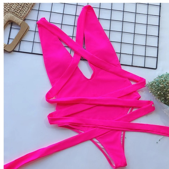 NWT Jireh Hot Pink One Piece Halter Wrap Swimsuit - Picture 2 of 7